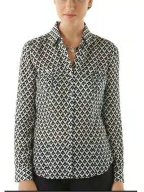 NWT White House Black Market 100% Silk Womens Blouse SZ 10 Geometric Top Office